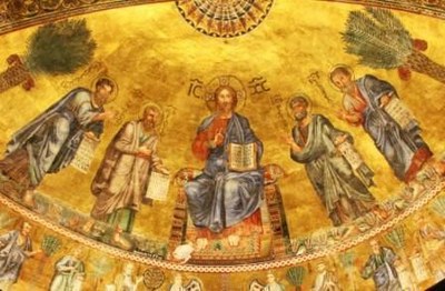 La mosaïque de l'abside. Autour du Christ : saint Luc, saint Paul, saint Pierre, saint André